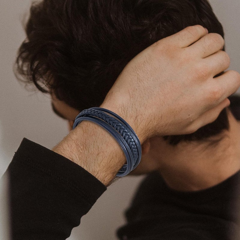 Murtoo Mens Leather Bracelet with Clasp Cowhide Multi-Layer Braided Leather Mens Bracelet - Image 3